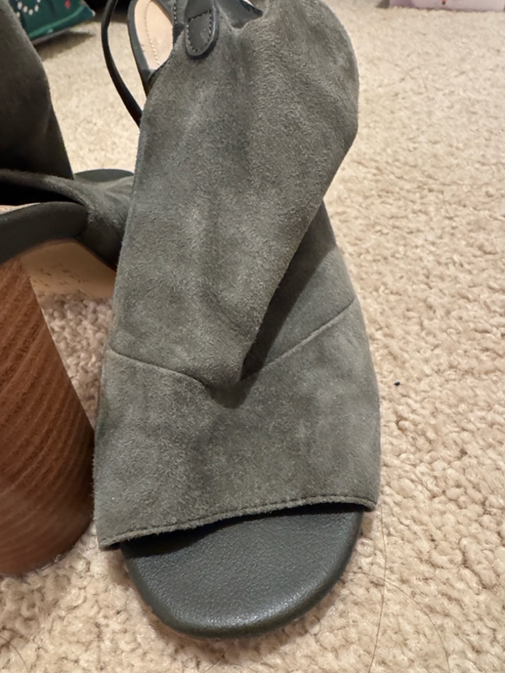 White House Black Market Olive Suede Peep-Toe Block Heel Booties - Picture 13 of 16
